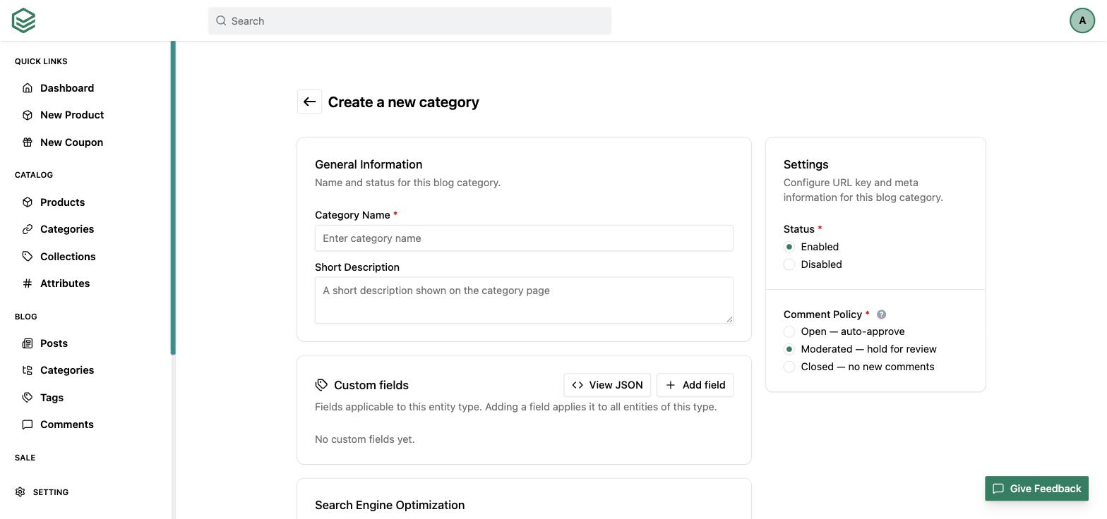 Creating a blog category in the EverShop admin, with the comment policy set to Moderated — hold for review, alongside the Open and Closed options, and a Custom fields card on the same form.