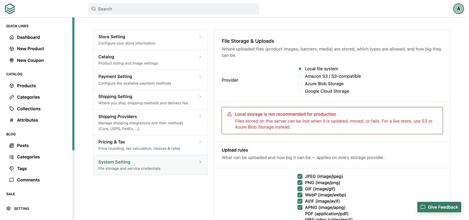 The System Setting page in the EverShop admin, offering local file system, Amazon S3, Azure Blob Storage and Google Cloud Storage as file storage providers, with a warning that local storage is not recommended for production.