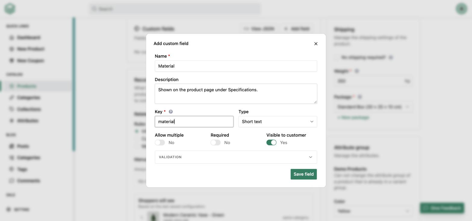 Defining a metafield in the EverShop admin: name, description, key and type, with toggles for Allow multiple, Required and Visible to customer, and a collapsible Validation section.