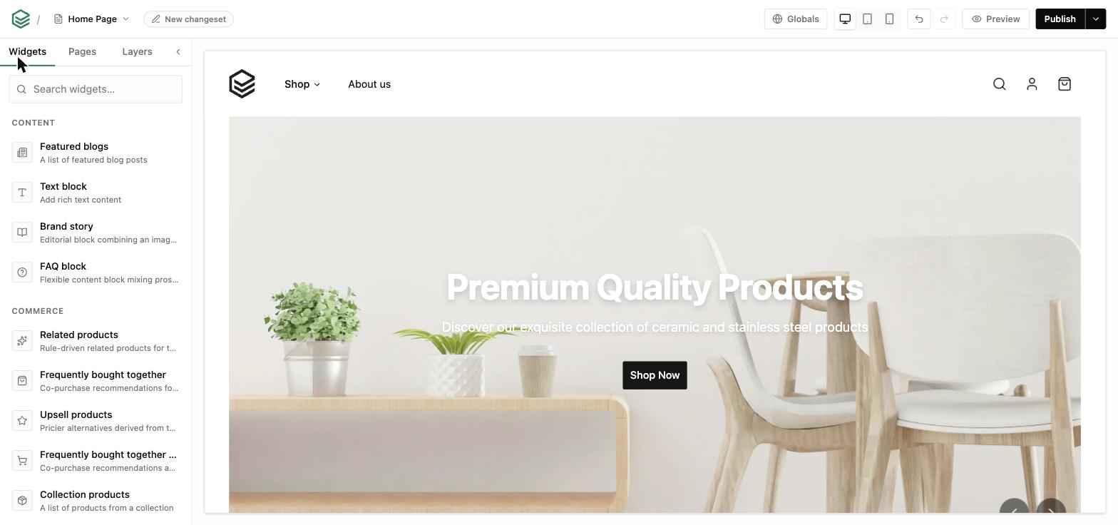 The EverShop page builder: a widget palette on the left with Content and Commerce categories, the live storefront canvas in the middle, and device preview, undo/redo and Publish controls in the top bar.