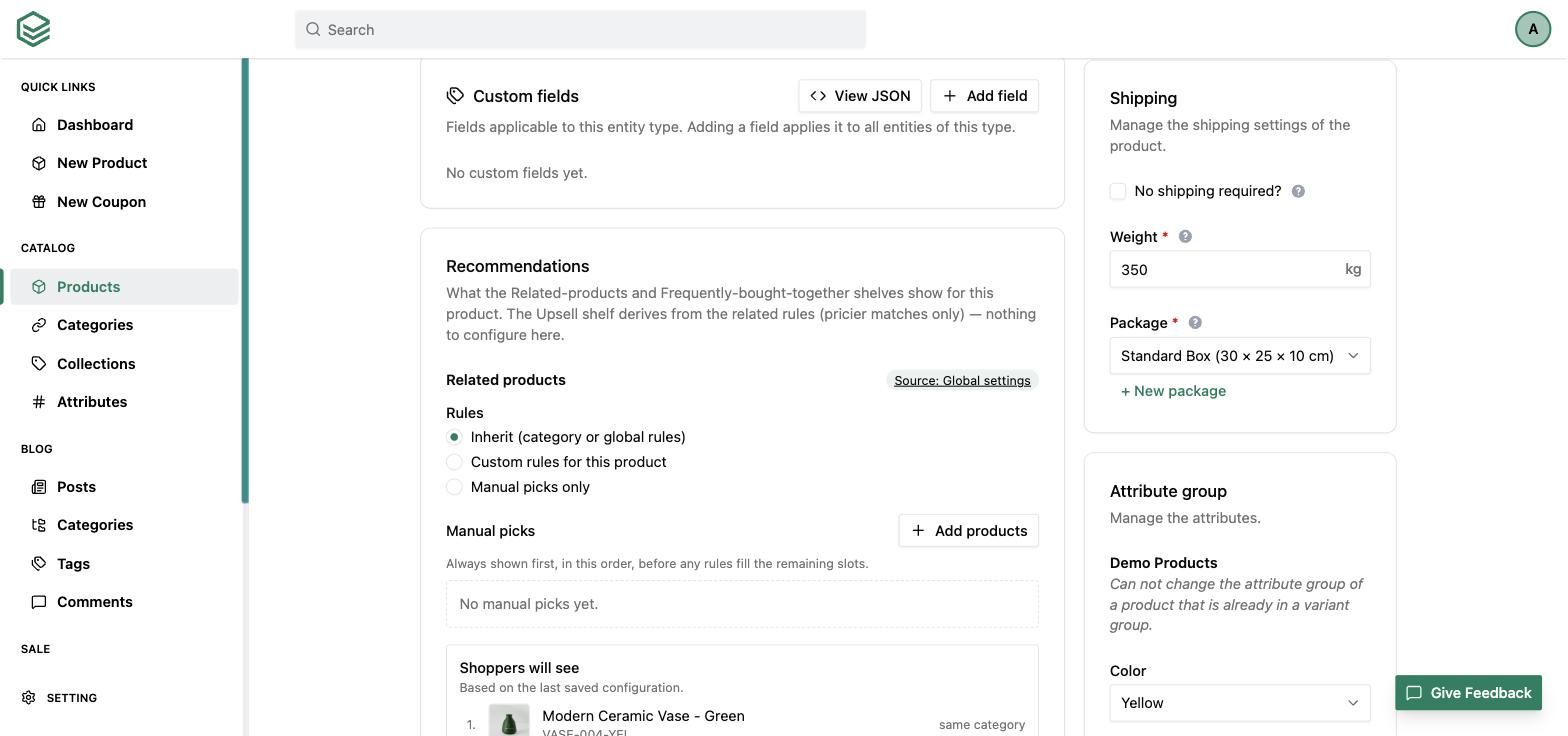 The Recommendations card on a product edit page, with rules set to inherit category or global rules, a manual picks list, and a preview of what shoppers will see, annotated with why each product matched.