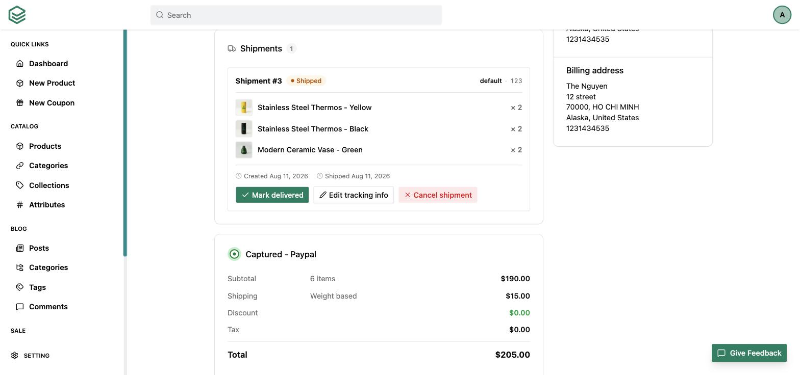 A shipment card on an order in the EverShop admin, listing the items in that parcel with its own Shipped status, carrier, tracking number, and per-shipment actions to mark delivered, edit tracking or cancel.