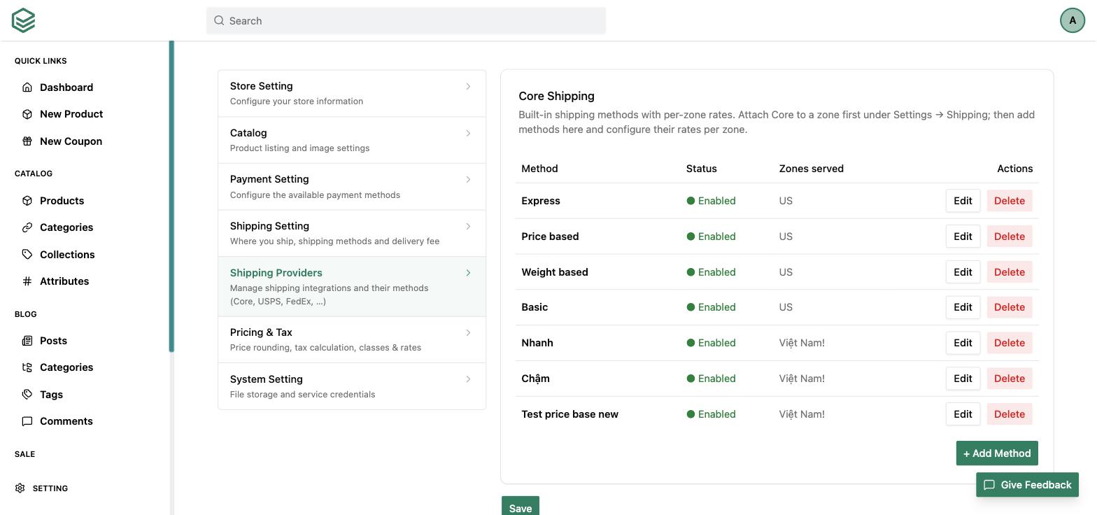 The Shipping Providers settings page showing the built-in Core Shipping provider with its methods, each row listing status and the zones it serves.